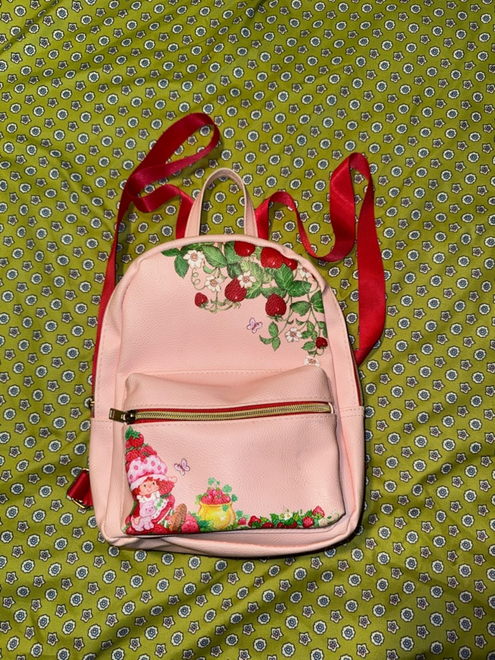 Pink Strawberry Print Mini Backpack with Red Straps